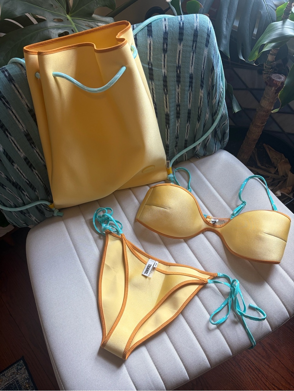 triangl swimwear Yellow Drawstring Tote with Turquoise-Trim Bikini Set